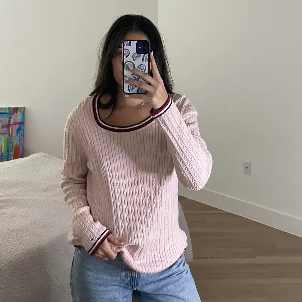 Tommy Hilfiger Cable Knit Sweater Women's XL Pink Feminine Romantic Fall Luxury - Picture 4 of 4